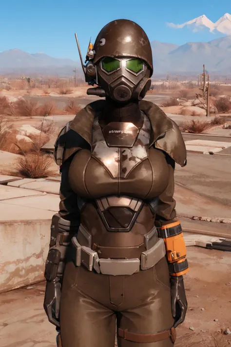 a close up of a person in a suit and helmet standing in a desert