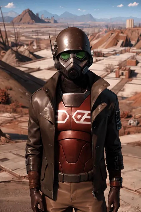 a man in a helmet and leather jacket standing in a desert