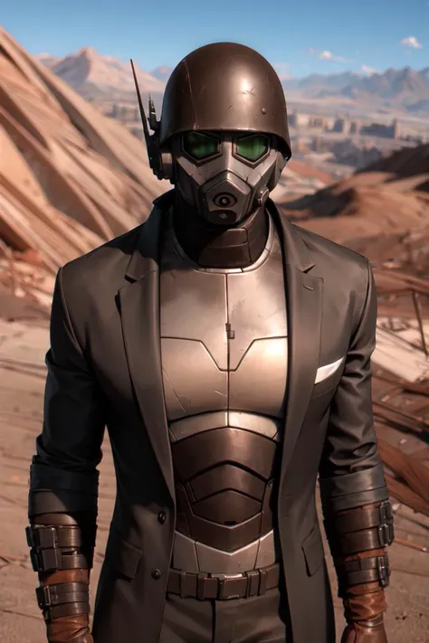 a man in a suit and helmet standing in front of a mountain