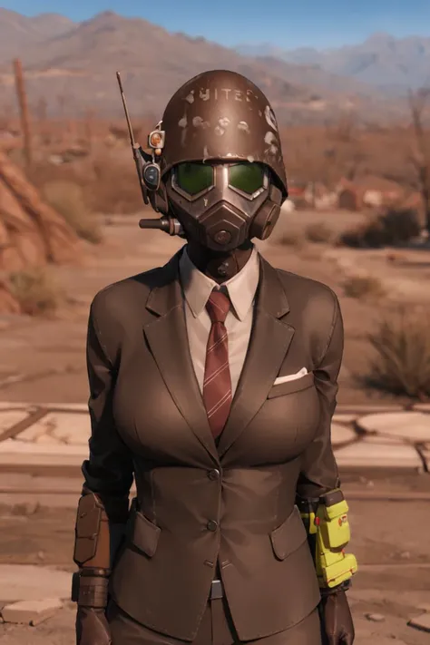 a close up of a person in a suit and tie with a helmet on