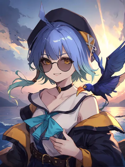 masterpiece,best quality,highres,cinematic lighting,dramatic angle,<lora:ShadowverseBarbarosV1-000036:0.8> ,1girl,blue hair,ahoge,gradient hair,messy hair,hat,hair ornament,sunglasses,jacket,white shirt,sailor collar,bowtie,belt,sheath,pleated skirt,(singl...