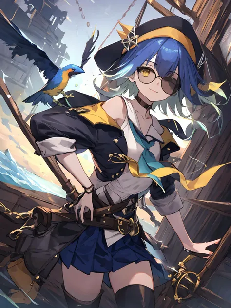 masterpiece,best quality,highres,cinematic lighting,dramatic angle,jail,prison,<lora:ShadowverseBarbarosV1-000030:0.8> ,portrait,wet,sailor collar,bowtie,bare shoulders,white shirt,hat,hair ornament,blue short hair,gardient hair,yellow eyes,belt,pleated sk...