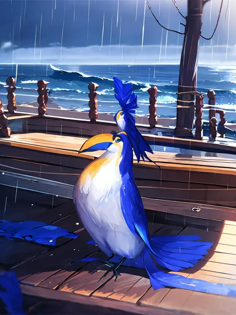 masterpiece,best quality,highres,cinematic lighting,dramatic angle,<lora:ShadowverseBarbarosV2-000027:0.8:lbw=barbaros>,1blue bird focus,on deck,1girl,blurry background,ship,wave,storm,rain,