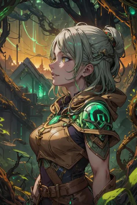 a woman with white hair and green eyes stands in a forest