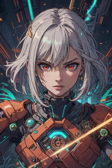 a woman with white hair and red eyes in a futuristic outfit