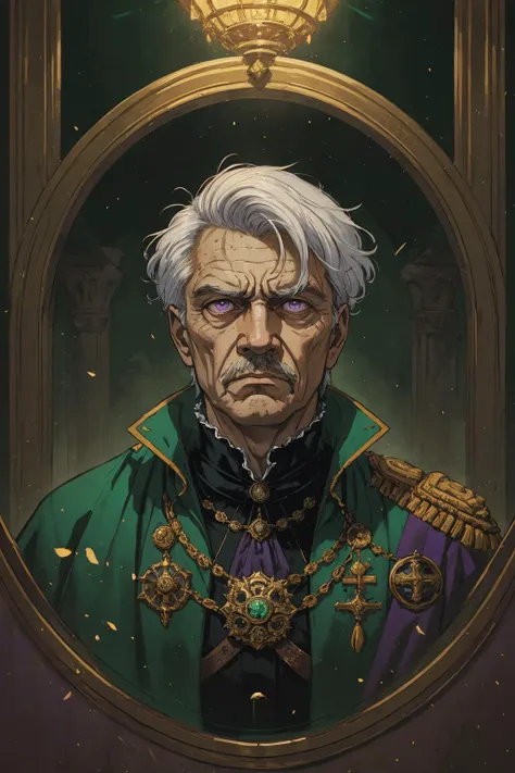 (best quality, masterpiece, highest detailed), comic cover art, poster art, <lora:Ink_poster-000004:0.3>,
(1man, wrinkled face, old russian male:1.2), wise,  purple eyes, white hair, undercut, 
<lora:GoodHands-beta2:0.8>,
 portrait, focus on character, loo...