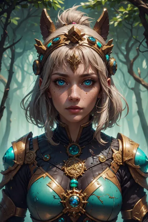 a woman in armor with blue eyes and gold hair