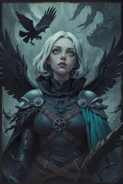 a woman with white hair and a blue cape stands in front of a bird