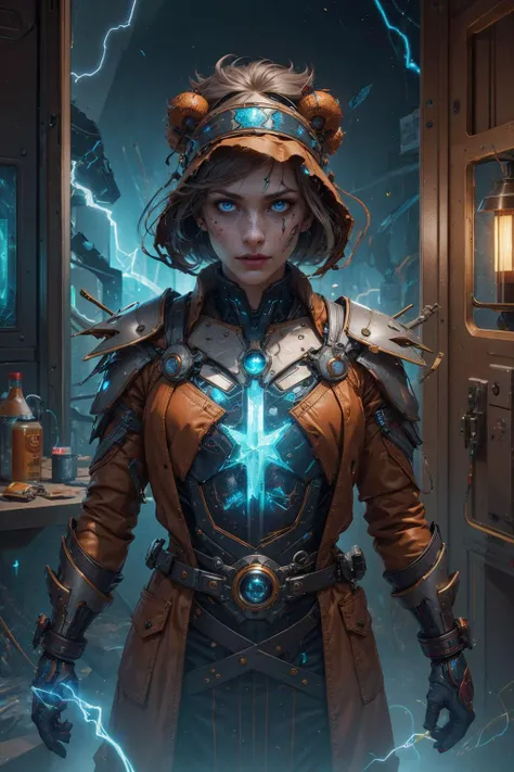 a woman in armor standing in a room with lightning coming out of her chest