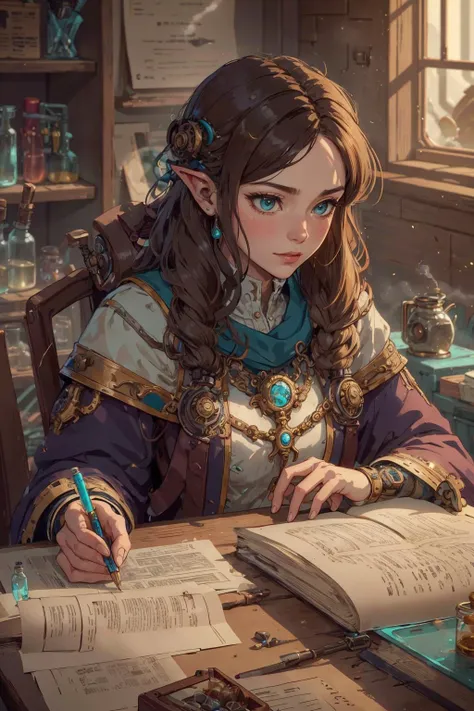 a woman sitting at a table with a book and a pen