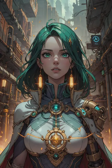 a woman with green hair and a green cape stands in a city