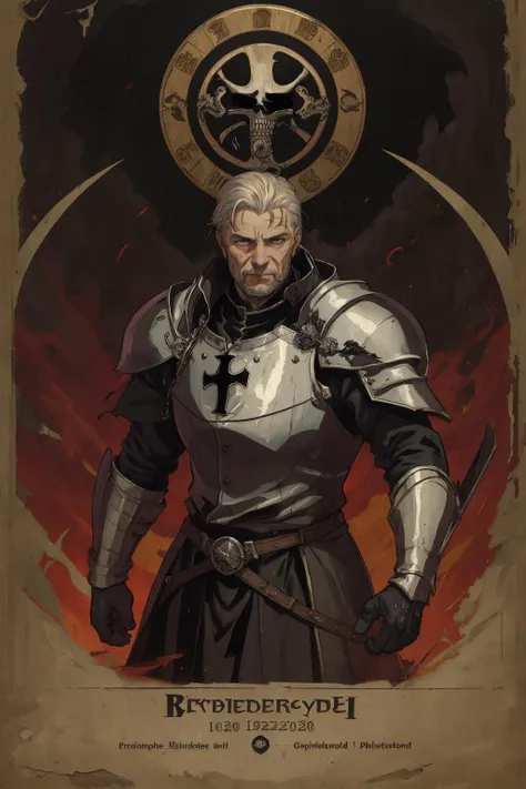 a poster of a man in armor with a sword and a shield