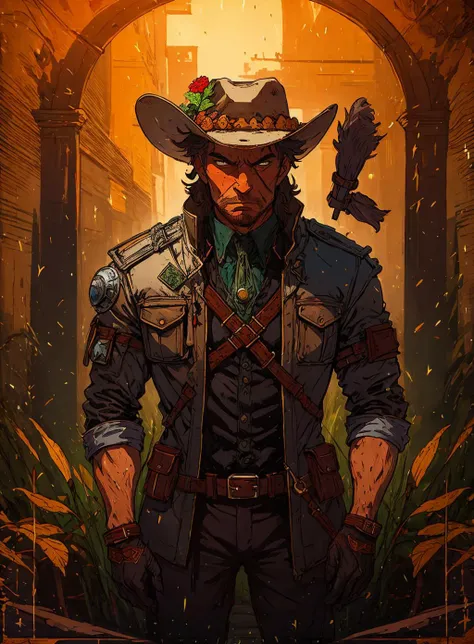 a man in a cowboy hat and gloves holding a plant in his hand and looking at the camera with a serious look on his face, Dean Roger, western, a character portrait, rococo  <lora:Ink_poster-000004:.8>