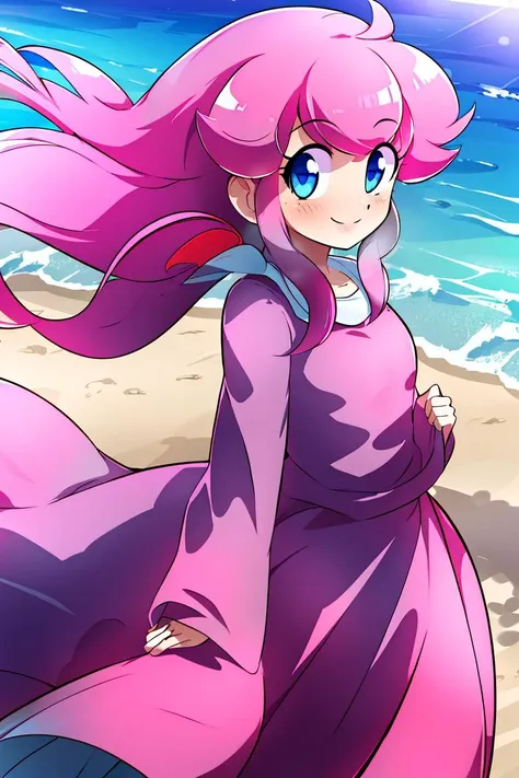 a woman in a pink dress standing on a beach next to the ocean