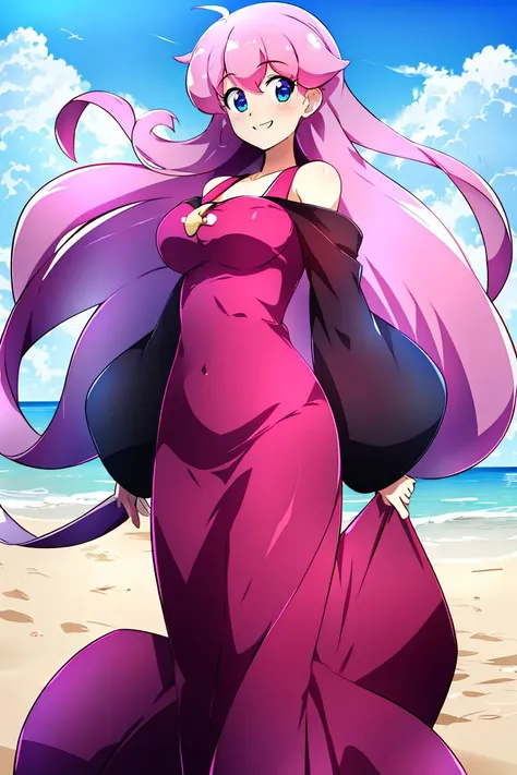 a woman in a long pink dress standing on a beach