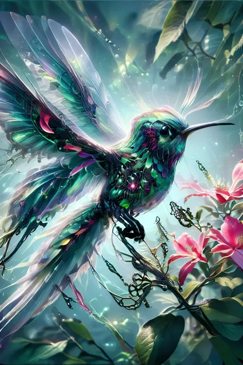 painting of a hummingbird with a colorful wings and flowers