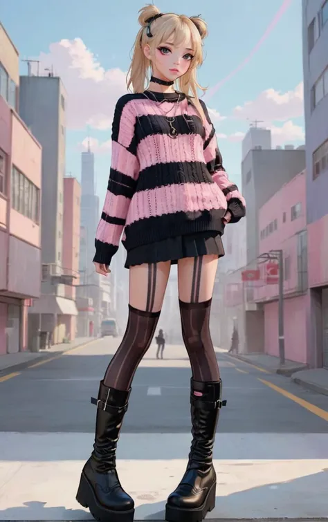 a woman in a pink and black striped sweater and black boots