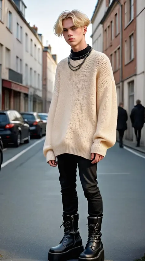 a man in a sweater and black pants standing on a street