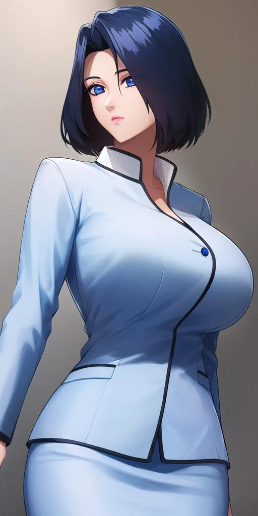 a woman in a blue suit and white shirt is posing