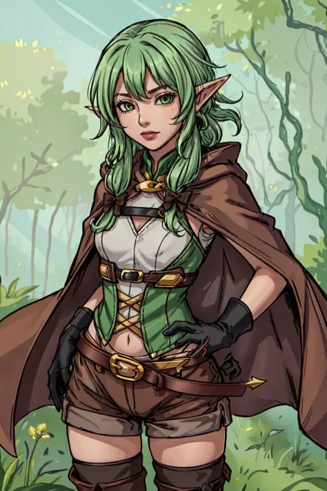 (masterpiece, best quality),  intricate details,
 <lora:high_elf_archer_final:0.6> 1girl, elf, pointy ears, green hair, long hair, sidelocks, hair bow, green eyes, small breasts, cloak, black gloves, brown shorts, green thighhighs, short shorts, belt, 
 <l...