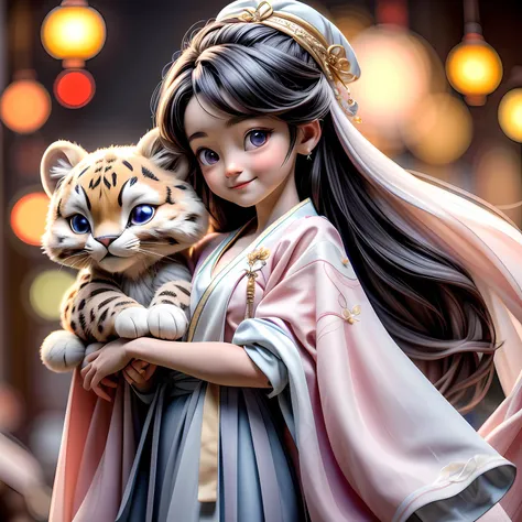 3d style CG,masterpiece,best quality,2.5D,HDR,absurdres,Professional,ens flare,(film grain:1.1),Bokeh,((Depth of field)),studio light,cute,a cute little girl in a pink hanfu,and mini cute black real roaring leopard,in the background,cute leopard,real leopa...