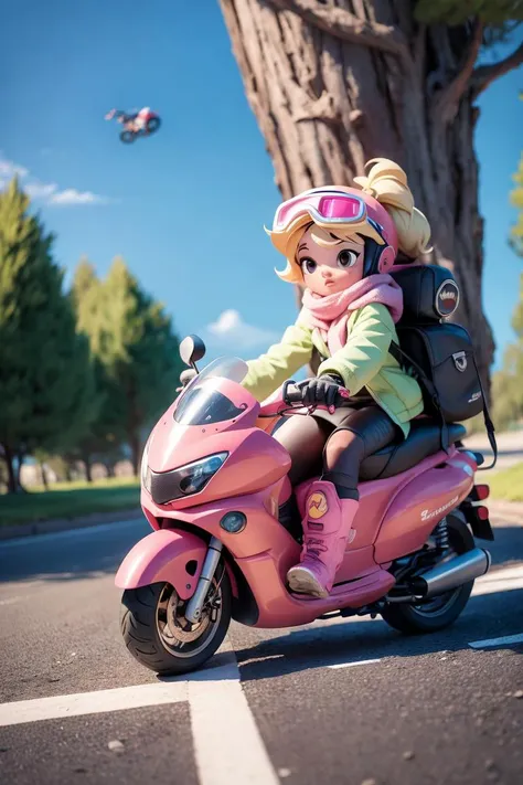 "Describe the object" : "a girl riding a motorcycle",1girl,pink long upper shan,ground vehicle,solo,gloves,motor vehicle,helmet,black eyes,boots,goggles,white gloves,blonde hair,riding,scarf,short hair,C4D,3D,running on the road,tree,