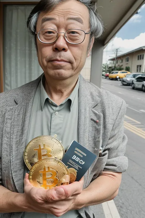 doriansatoshi, photo of a man, holding a bitcoin, dslr <lora:satoshi:1>