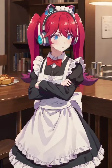 best quality, masterpiece, highres, solo, {maid:1.40}, {long maid dress:1.15}, {irving_amelia_renaiflops:1.15}, red_hair, long_hair, twintails, blue_eyes, bangs, headphones, fake_animal_ears, animal_ear_headphones, animal_ears, cat_ear_headphones, hoodie