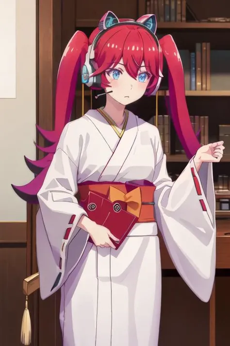 best quality, masterpiece, highres, solo, {white kimono:1.35}, {red hakama:1.35}, {wide sleeves:1.20}, {irving_amelia_renaiflops:1.15}, red_hair, long_hair, twintails, blue_eyes, bangs, headphones, fake_animal_ears, animal_ear_headphones, animal_ears, cat_...