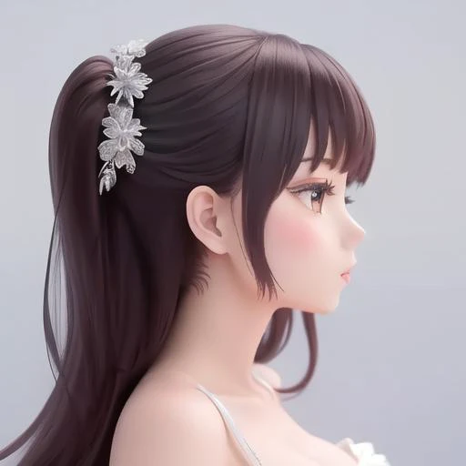 a close up of a woman with long hair wearing a flower hair clip