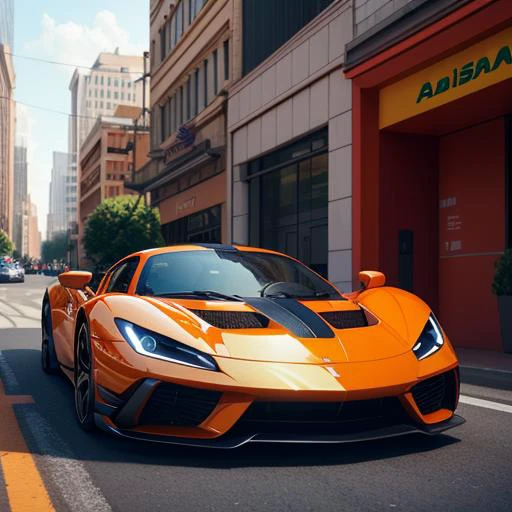 orange apollo evo sports car parked in a city, global illumination, volumetric lighting, highly detailed, best quality, illustration, cgi, octane