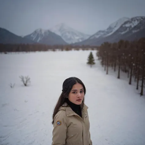 cinematic film still aayushii, beautiful face, beautiful eyes, mountain climber reaching the summit, jacket, snow, snowing, happy, looking at viewer, from above <lora:aayushii:1> . shallow depth of field, vignette, highly detailed, high budget, bokeh, cine...