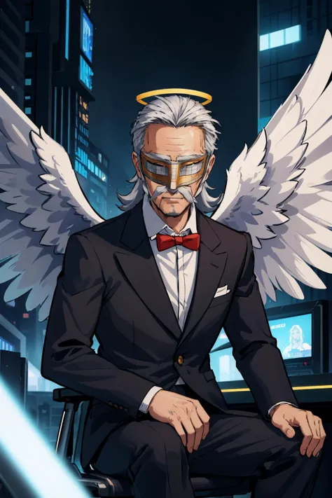 masterpiece, best quality, <lora:zs_Yamaoka:0.9> yamaokap1, yamaokamask, formal, facial hair, suit, mustache, grey hair, old man, old, beard, bowtie halo, mask, feathered wings, angel, cyberpunk, neon trim, city, dystopia, looking at viewer, glowing