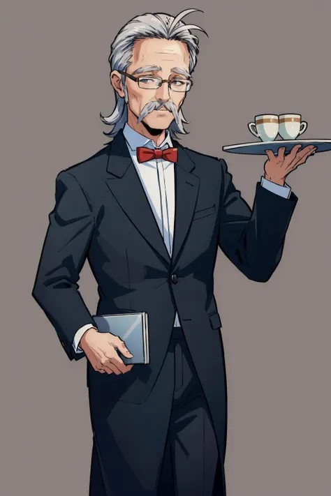 masterpiece, best quality, <lora:zs_Yamaoka:0.9> yamaokap1, yamaokadef, formal, facial hair, suit, mustache, grey hair, old man, old, glasses, beard, bowtie, standing, mansion, holding tray, smile, looking at viewer