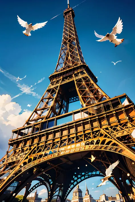 eiffel tower, close up, from_below, blue sky, birds, high quality, masterpiece,  <lora:Eiffel_Tower:.4>