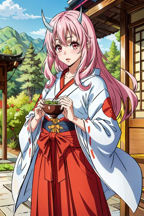 a woman in a kimono outfit holding a bowl of food