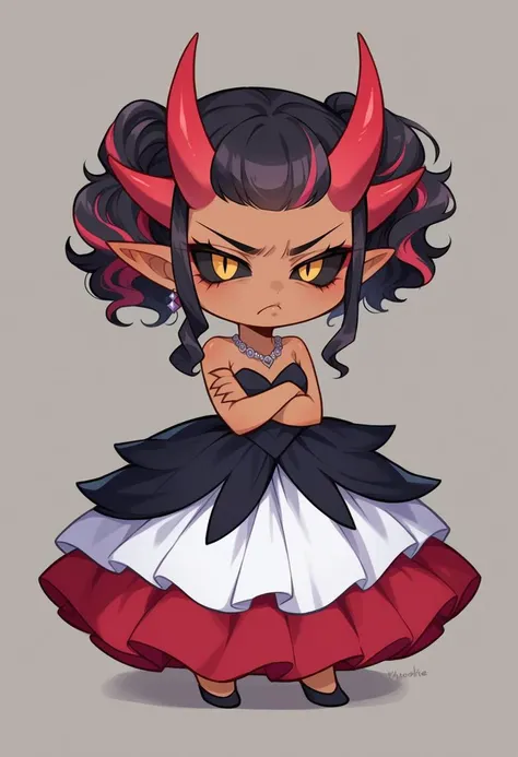 score_9, score_8_up, source_anime, female, <lora:wrenchelegadomepnyxlb2-000005:1.0>,wrenchelegadome,gown, black dress, layered clothing,necklace, solo, dark skin,horn,black sclera, demon, (chibi:1.1), black hair, crossed arms, pouting, angry, cute, tiny, e...