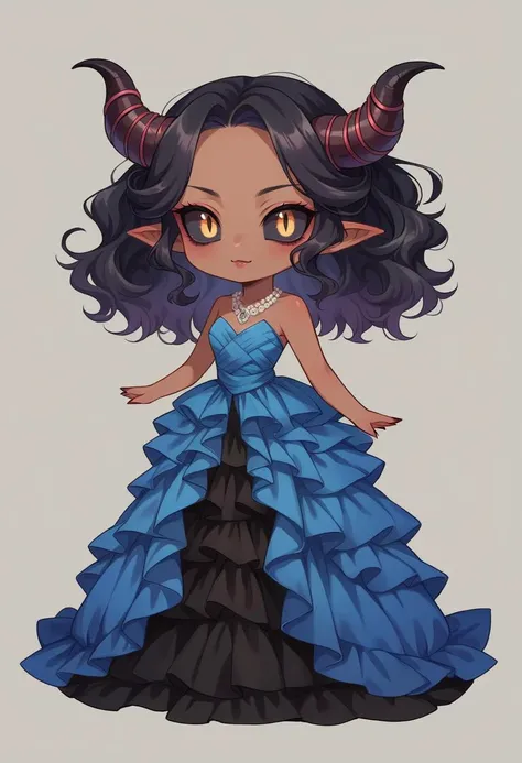 score_9, score_8_up, source_anime, female, <lora:wrenchelegadomepnyxlb2-000005:0.8>,wrenchelegadome,gown, layered clothing,necklace, solo, dark skin,horn,black sclera, demon, chibi, black hair,