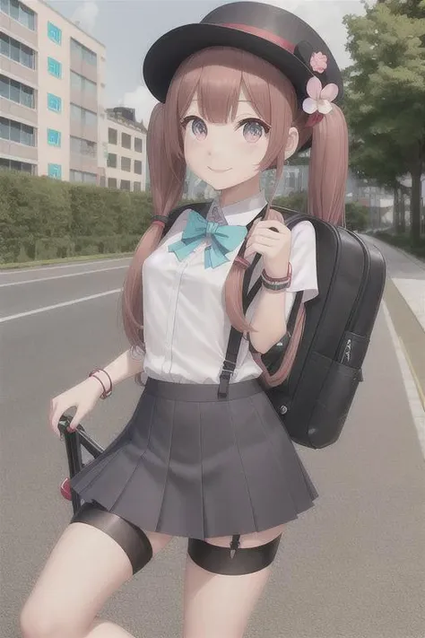 torino aqua, 1girl, ahoge, alternate costume, backpack, bag, bangs, bicycle, blush, boat, bow, bowtie, brown hair, building, ele...