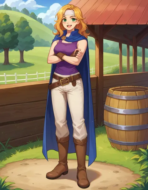 a woman in a purple shirt and brown boots standing in front of a barrel