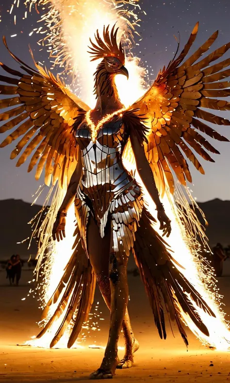 10. Beneath the shimmering night sky, a regal phoenix with metallic plumage rises from the ashes of an effigy, her fiery wings spread wide as she soars across the playa, leaving a trail of sparks and embers that illuminate the desert sands. In her wake, a ...