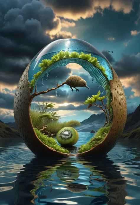 Surrealism,detailed water and fish,
hollow kiwi shape,with wonderland and mysterious sky in the background.
8k texture,reflective light,