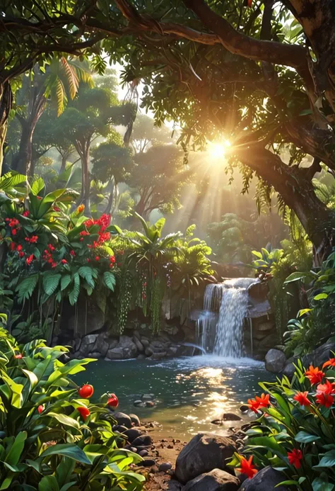 zPDXL, 1 astonishingly beautiful jungle landscape, sunrise, fruit trees, flowers, waterfall, sun ray, 4K