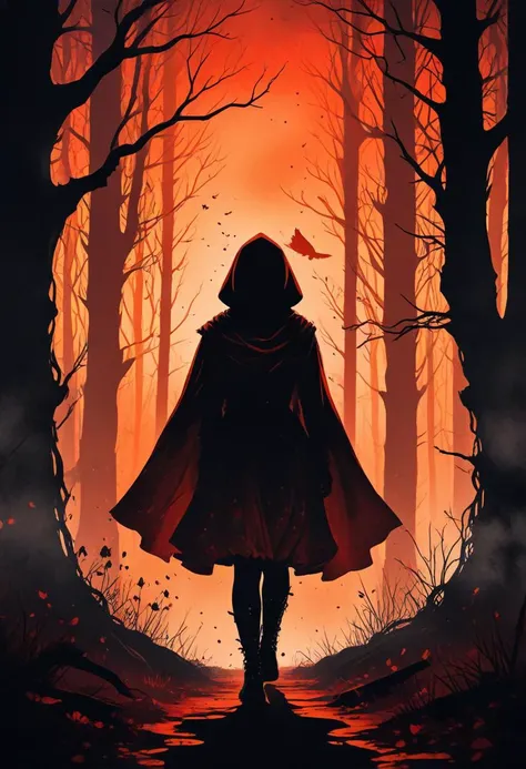 Watercolor painting macabre style silhouette of little red riding hood, dark magic splash, gothic, Halloween, burnt orange gradient, autumn forest, soft lighting, retro aesthetic,  <lora:DetailedEyes_V3:1> . dark, gothic, grim, haunting, highly detailed, ....