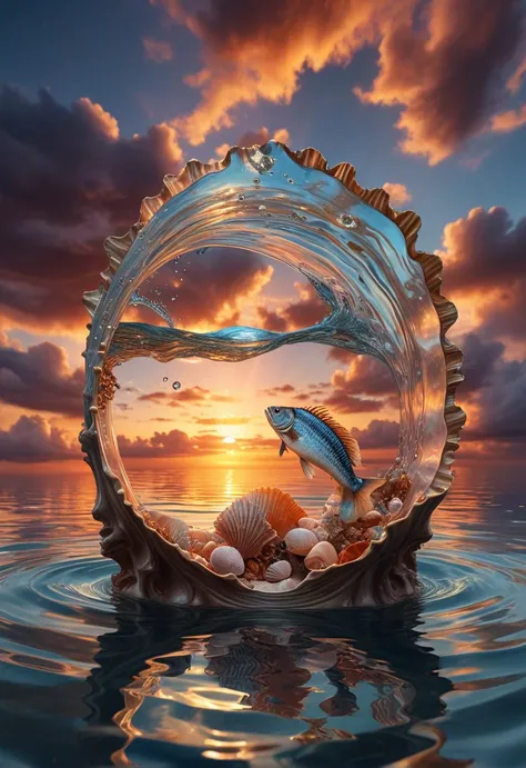 Surrealism,detailed water and fish,
open shell, 
with wonderland and mysterious sky in the background.
8k texture,reflective light,Sunset light, 