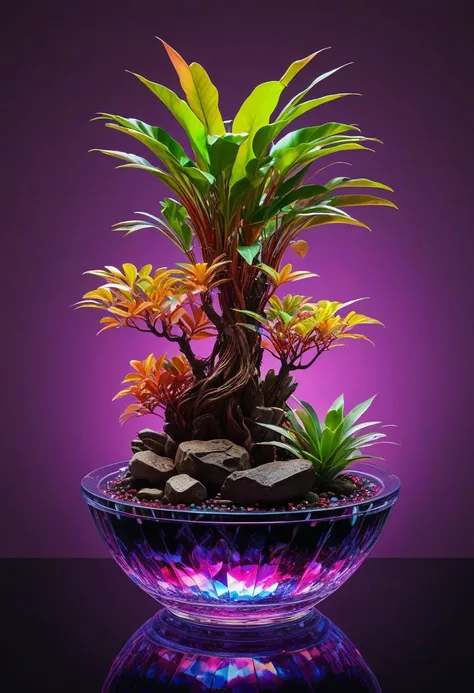 holographic art,

advertising photography,
detailed reflection,
colorful crystal basin
tropical plant bonsai

dynamic color  ambient light,, 