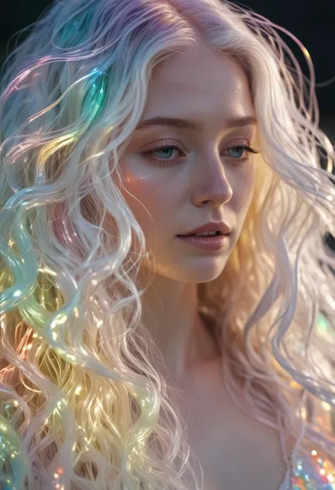 light art,
dreamlike Atmosphere,
refracted light effects,
rainbow colors,

water soft iridescent，white long wavy hair,
