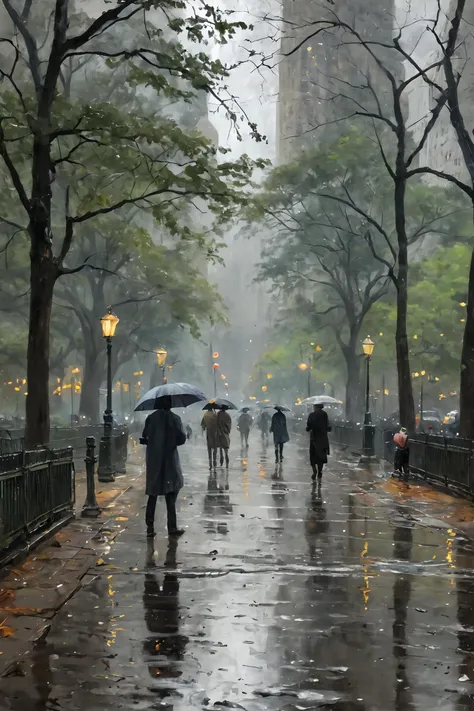 painting of people walking in the rain with umbrellas in a city