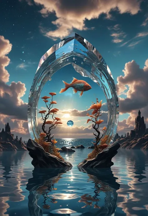 Surrealism,detailed water and fish,
hollow crystal shape,with wonderland and mysterious sky in the background.
8k texture,reflective light,