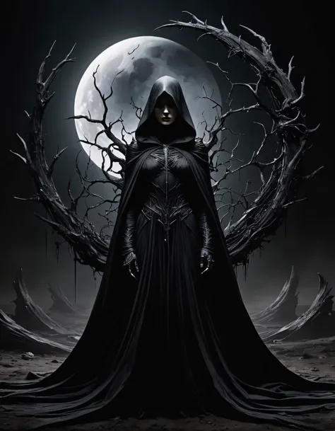 a woman in a black cloak standing in front of a full moon